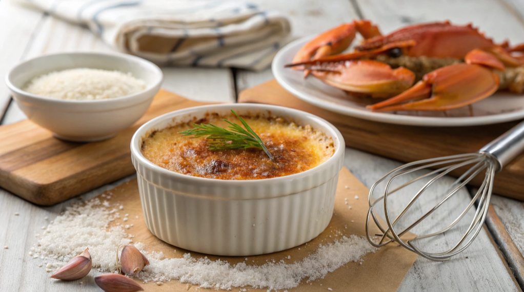 Golden caramelized sugar crust on a creamy savory dish served in a ramekin.
