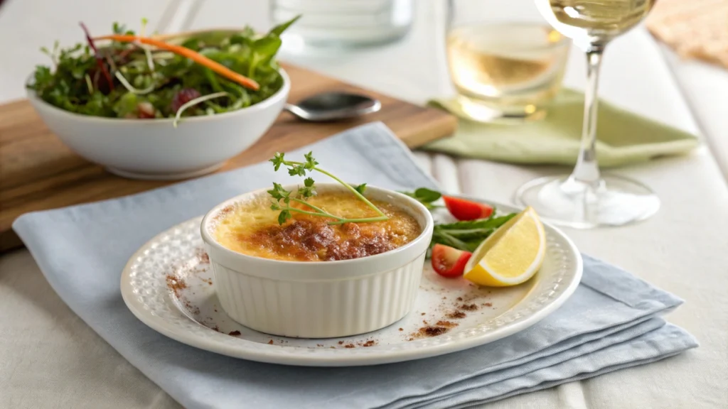 Elegant serving of crab brulee with microgreens and a lemon slice, paired with white wine and salad.