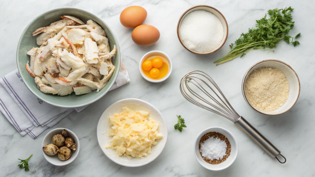 Ingredients for crab brulee, including crab meat, cream, egg yolks, sugar, and seasonings, on a marble countertop.