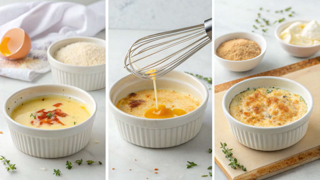 Step-by-step preparation of crab brulee, showing whisking, mixing, and pouring custard into ramekins.
