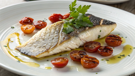 Grilled fillet with olive oil, cherry tomatoes, and parsley.