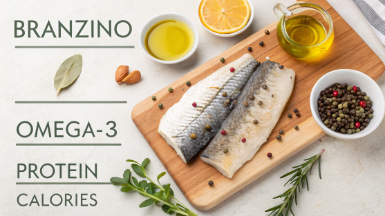 Branzino fillets displayed with nutritional labels for omega-3, protein, and calories.