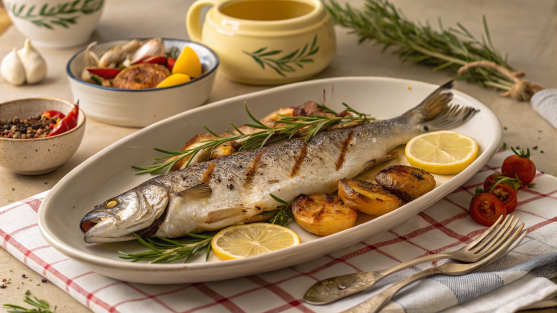 Whole baked Branzino with rosemary, lemon, and roasted vegetables.