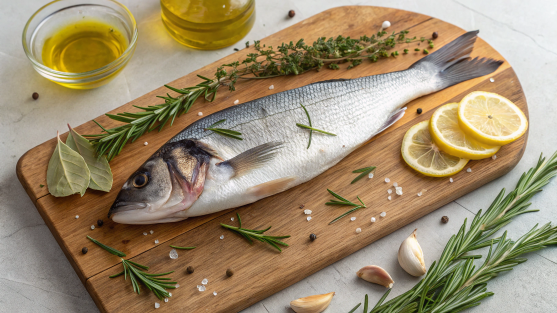 Fresh Branzino fish on a wooden cutting board with herbs and lemon.