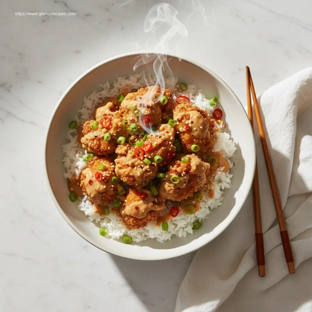 Delicious Bang Bang Chicken Bowl, overhead view.