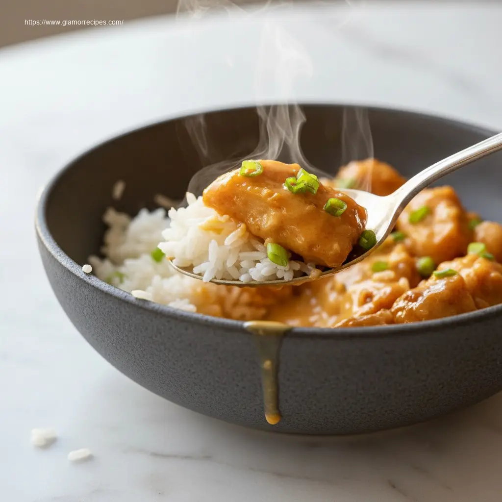 Spoon scooping Bang Bang Chicken from a bowl.
