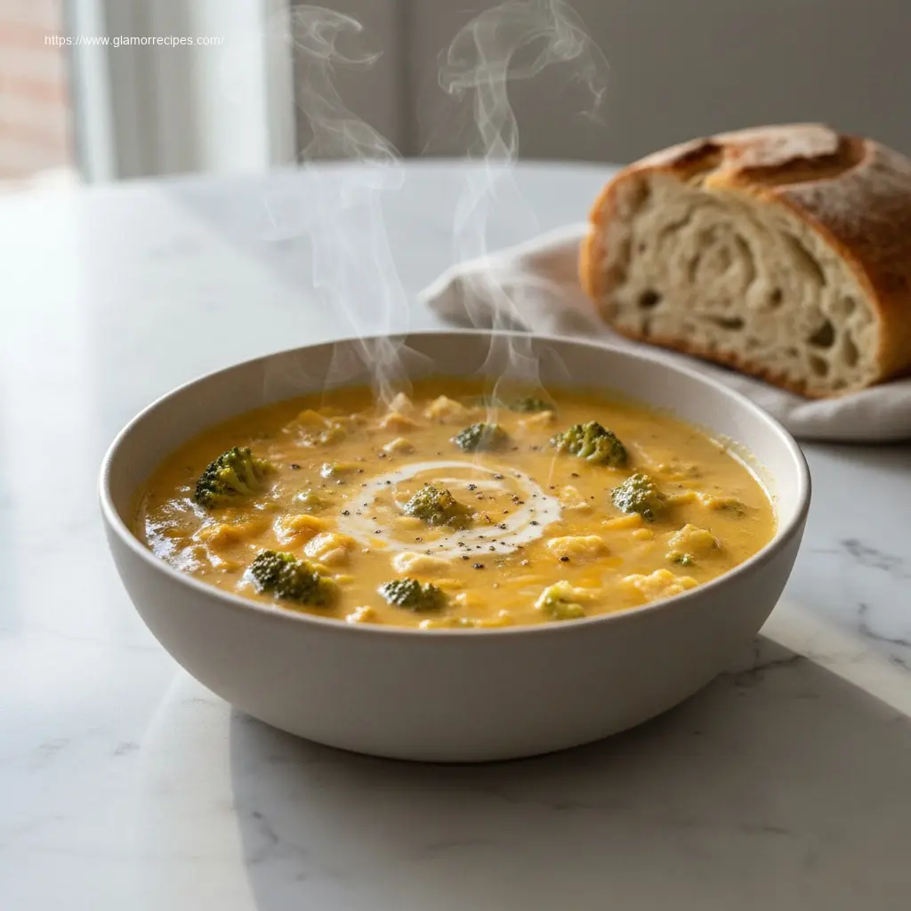 45-degree view of creamy High Protein Broccoli Cheddar Soup.