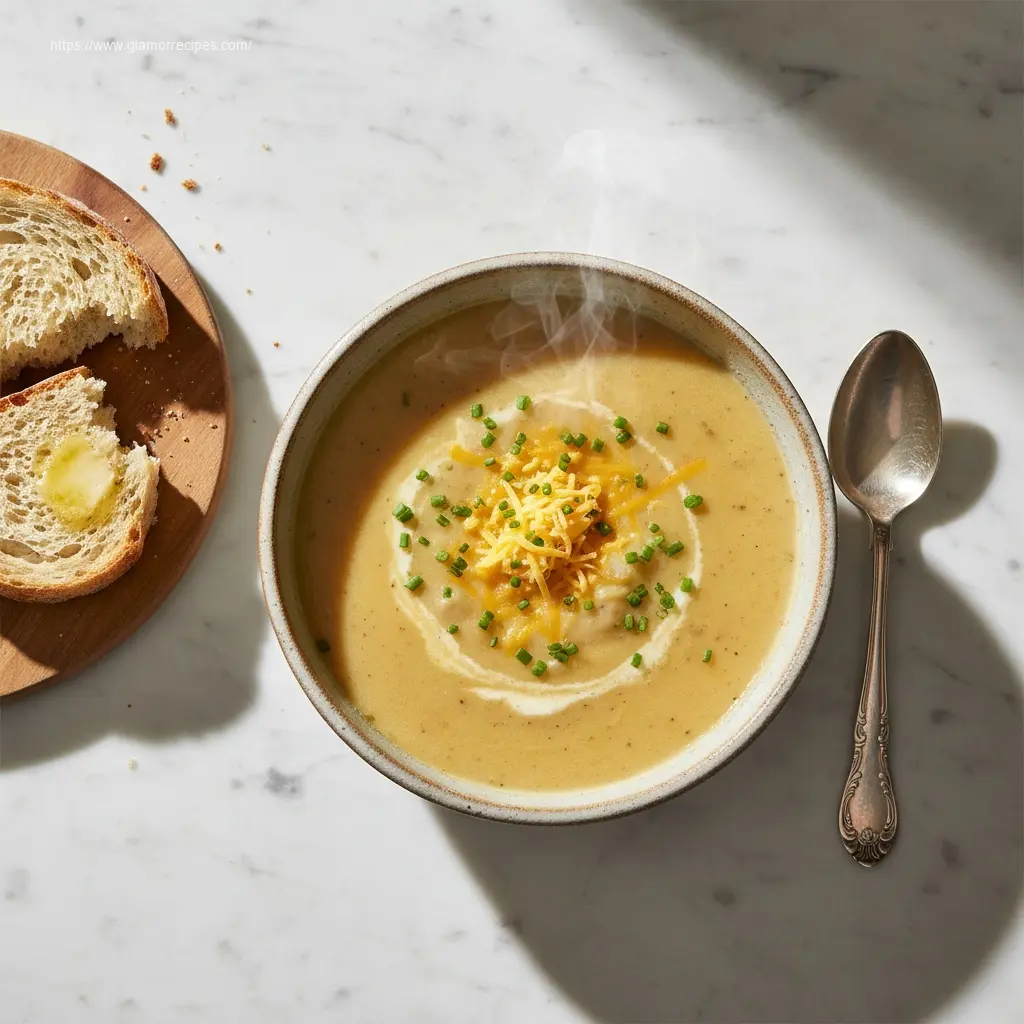 Overhead view of Hearty Cheddar Garlic Herb Potato Soup with bread.