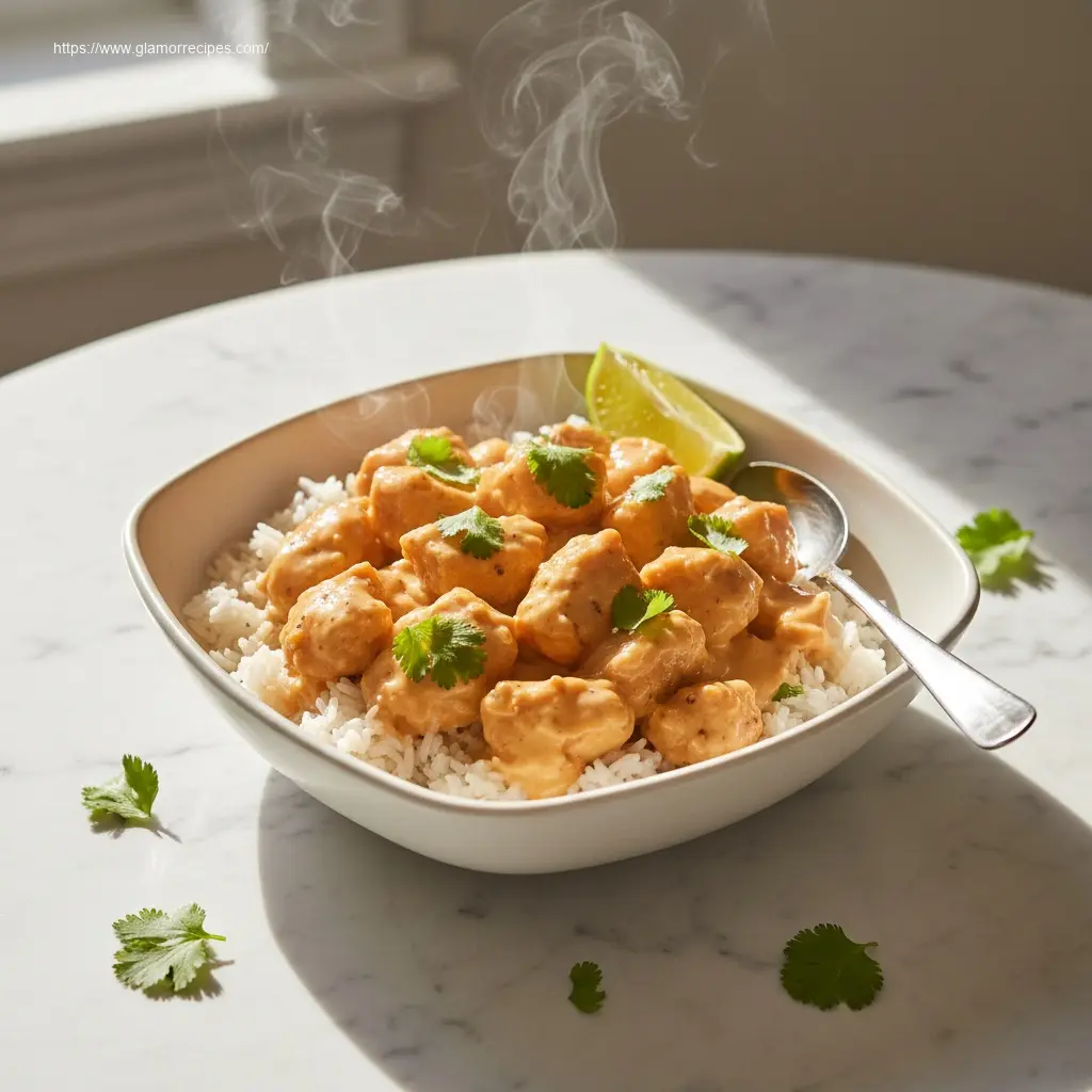 Savory Bang Bang Chicken Bowl served on a marble table.