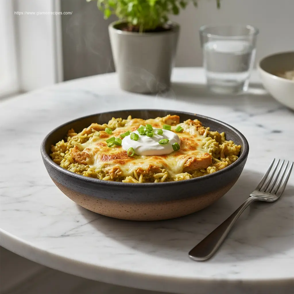 Salsa Verde Chicken & Rice Skillet served in a modern bowl