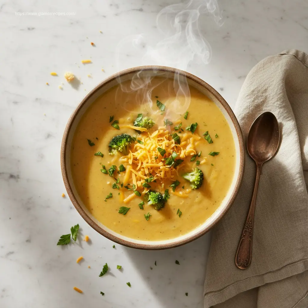 Delicious High Protein Broccoli Cheddar Soup in a rustic bowl.