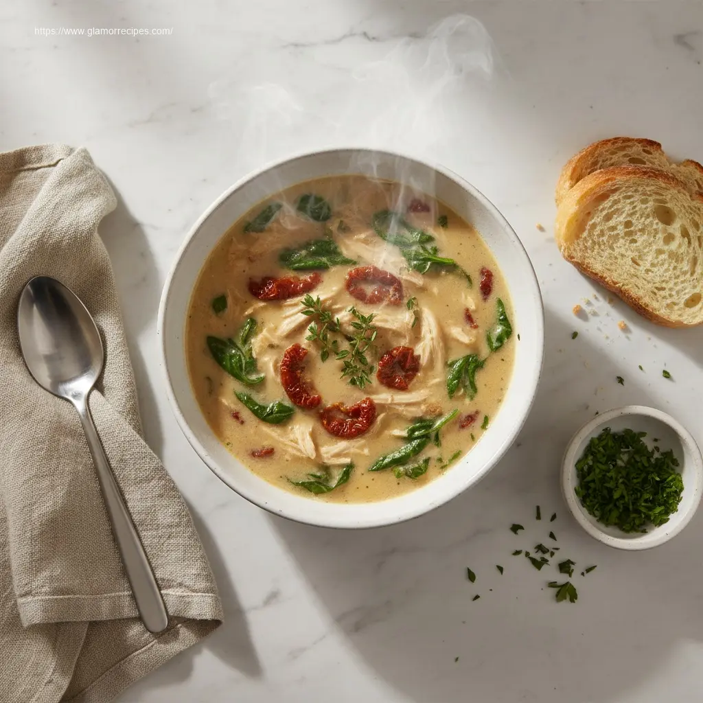Creamy Marry Me Chicken Soup, garnished, overhead shot.