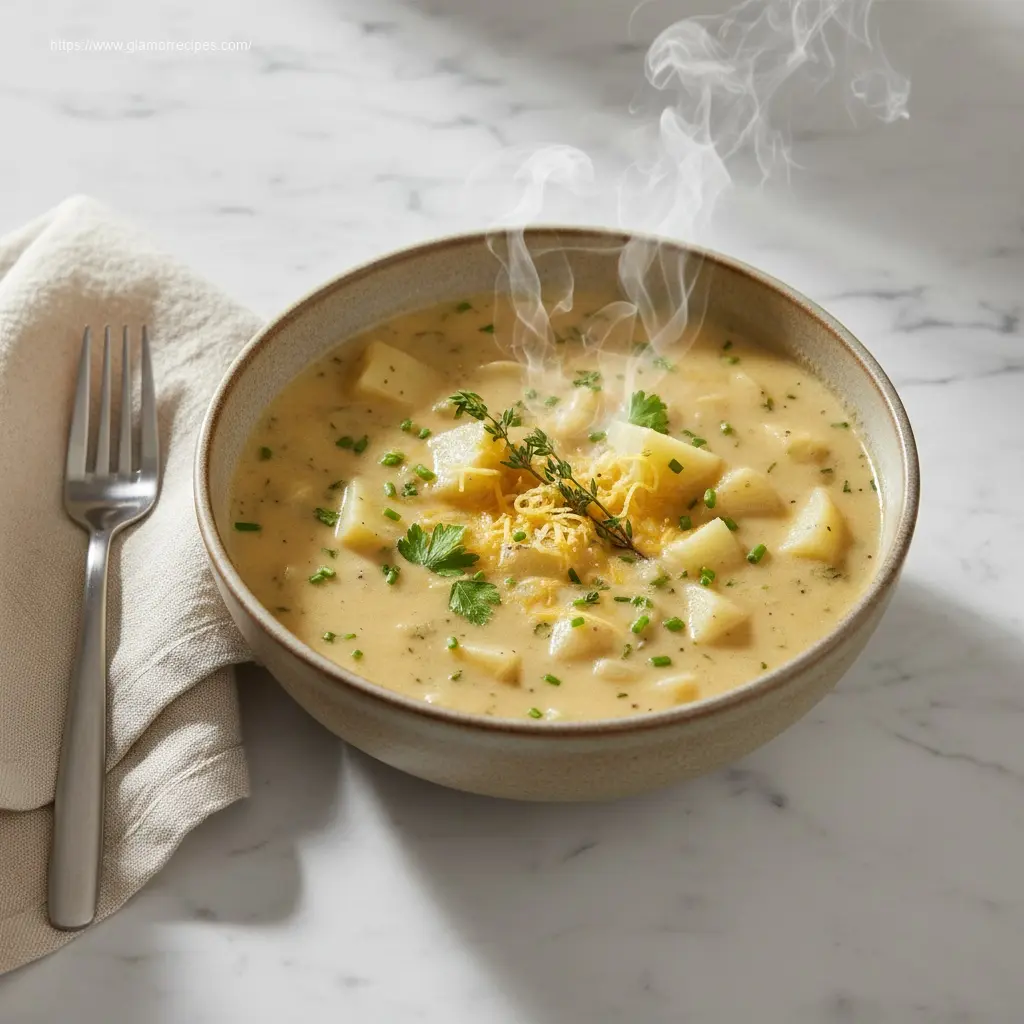 Angled shot of steaming Hearty Cheddar Garlic Herb Potato Soup.