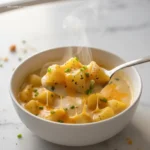 Spoon lifting Hearty Cheddar Garlic Herb Potato Soup.
