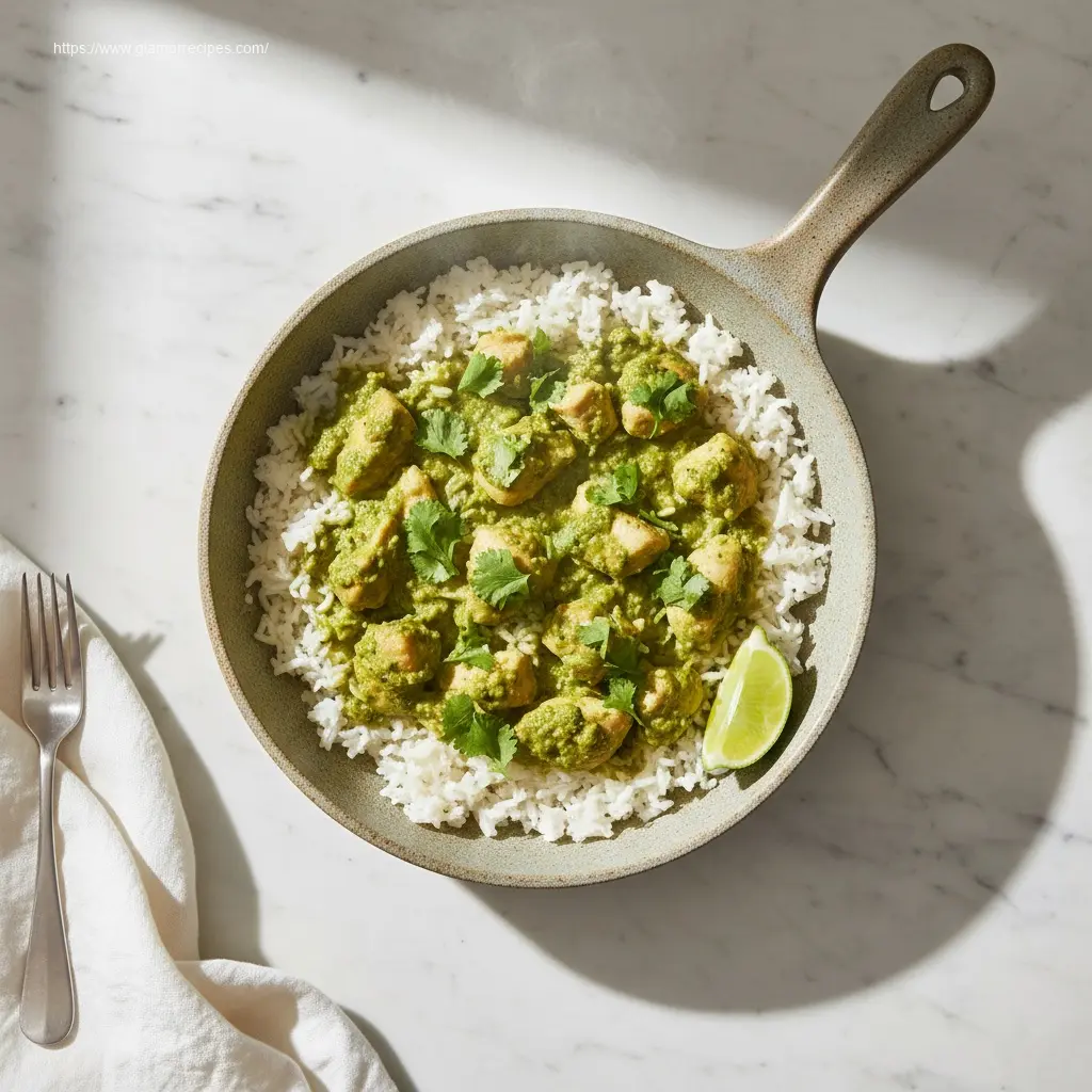 Delicious Salsa Verde Chicken & Rice Skillet, garnished with cilantro