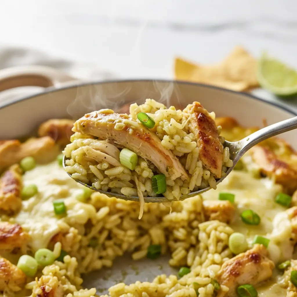 Spoon lifting Salsa Verde Chicken & Rice Skillet from dish