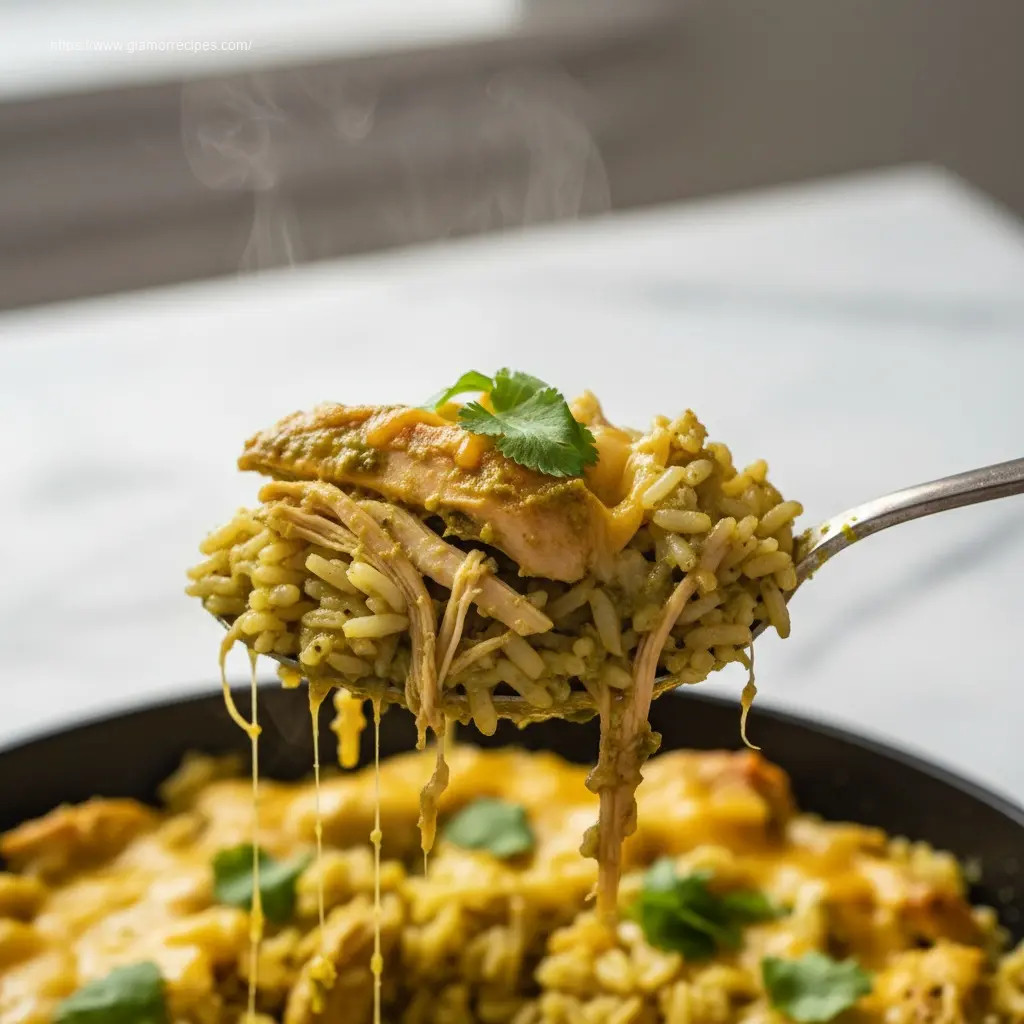Spoon lifting Salsa Verde Chicken & Rice Skillet portion