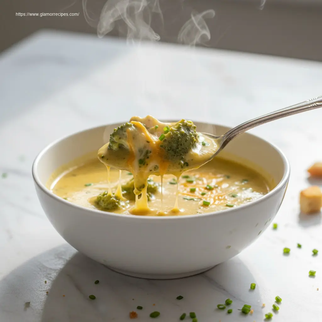 Spoon lifting spoonful of High Protein Broccoli Cheddar Soup.